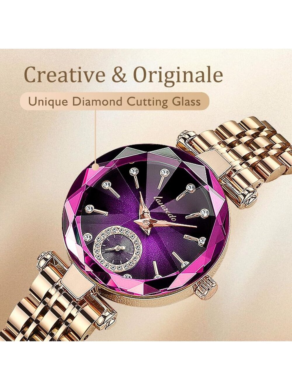 Women Gold Purple Elegant Stainless Steel Analog Creative Diamond Dial Watch - Picture 5 of 7